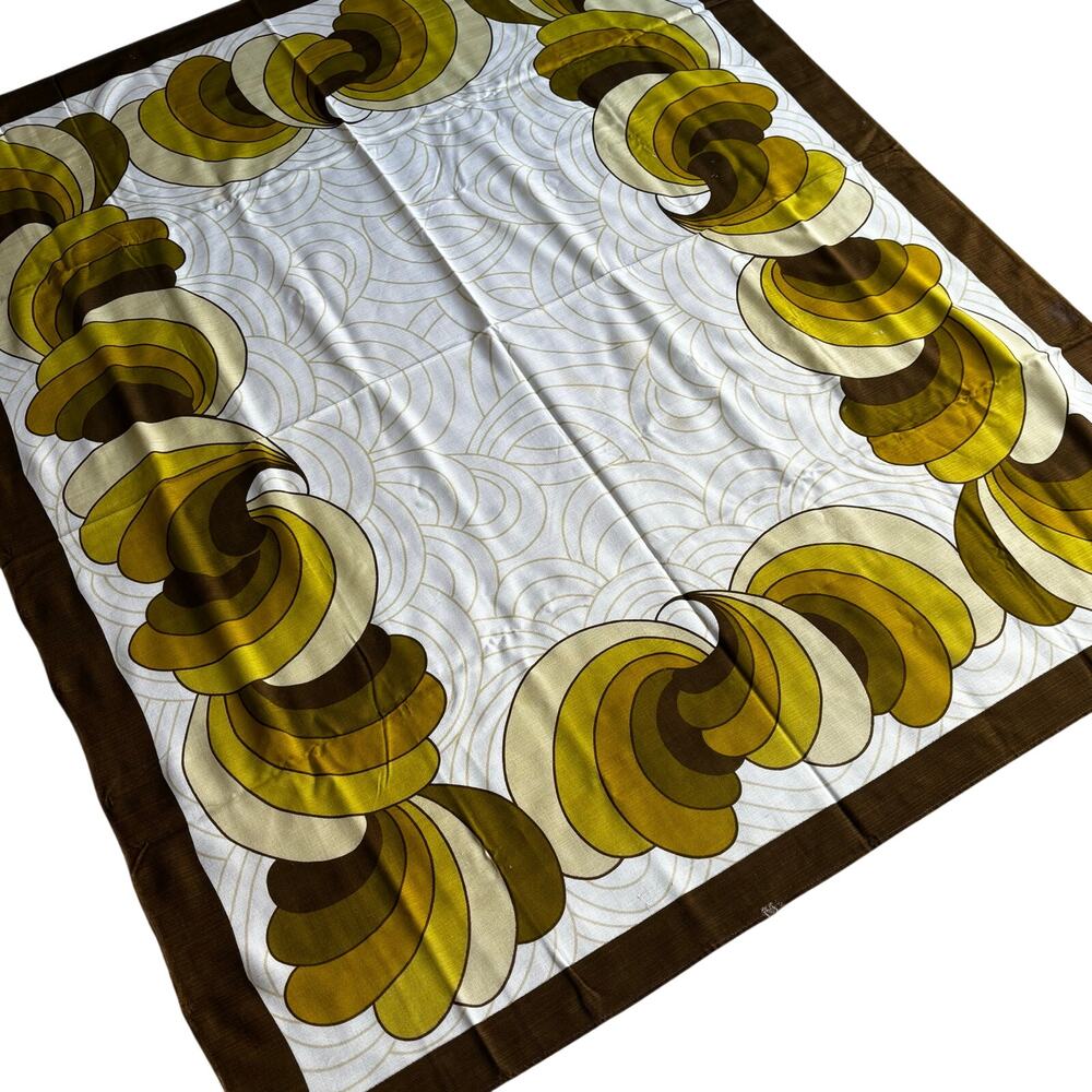 Vintage 1970’s tablecloth printed cotton mod green gold & brown border print